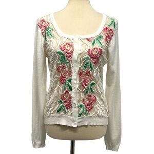 Agua Bendita White Embroidered Floral Lace Button Front Cardigan Sweater Large